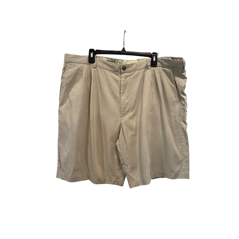 Vintage Tommy Bahama Khaki Shorts Mens 42 Pleated Silk Cotton Chino Tan 9 Inseam